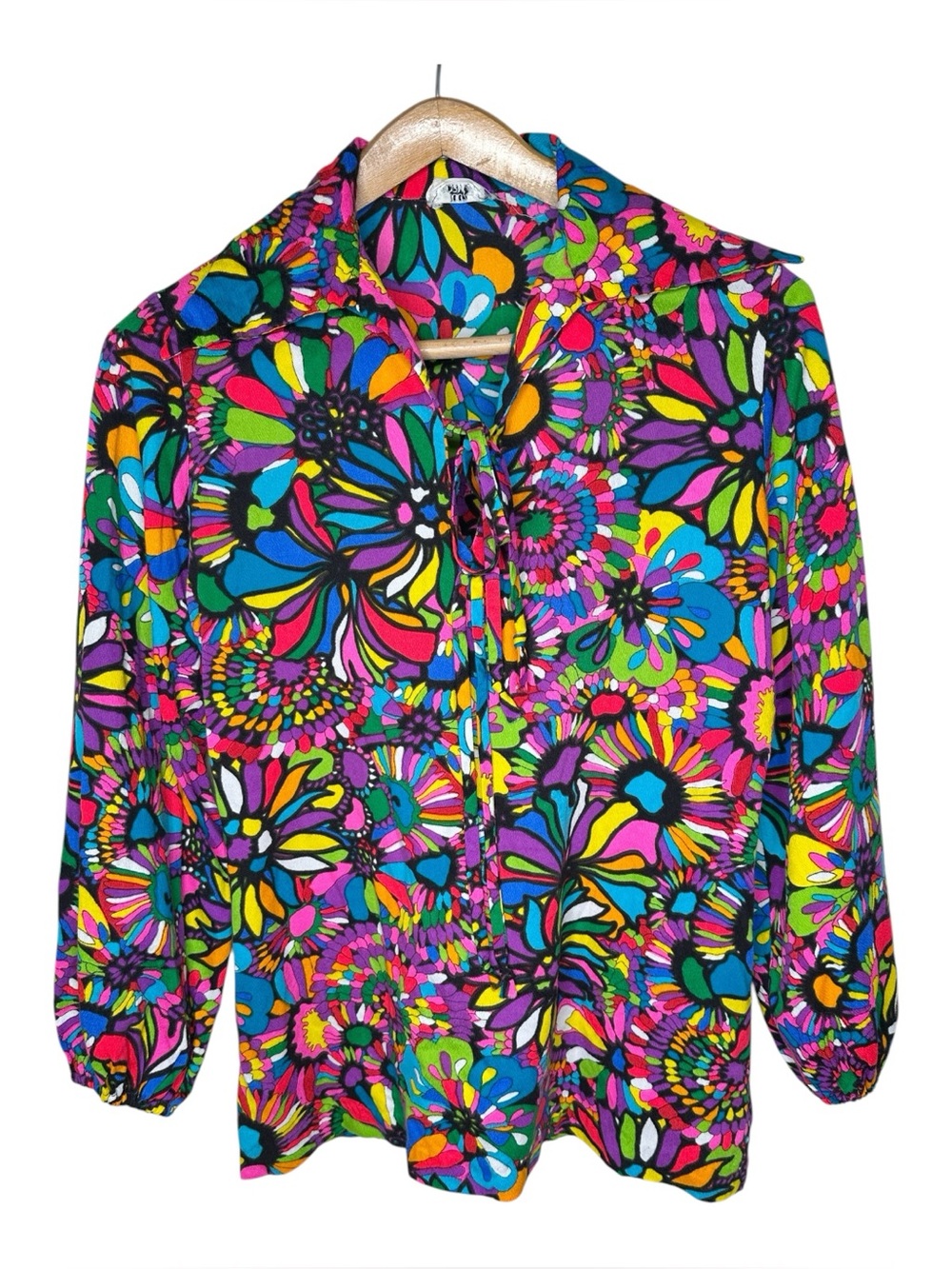Vintage 70s Psychedelic Print Tunic Blouse Camp Collar Groovy Vibrant Floral